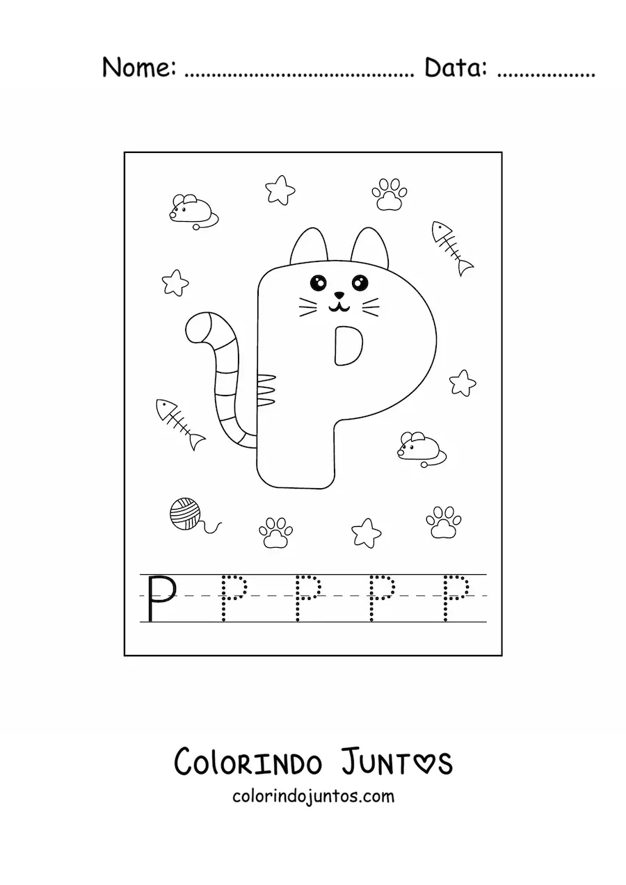 Desenho para colorir da letra P animada em forma de gato