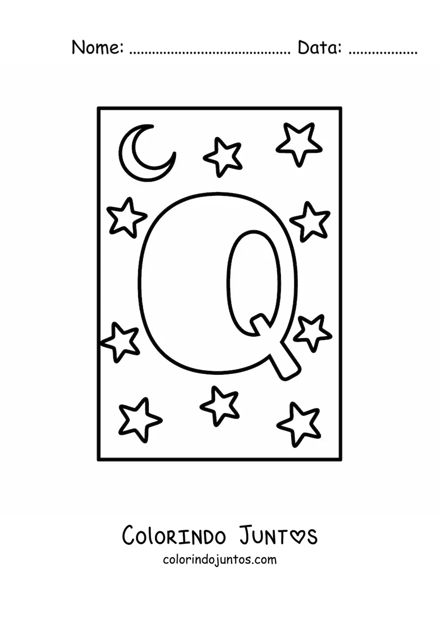 Desenho para colorir da letra Q maiúscula com estrelas e uma lua