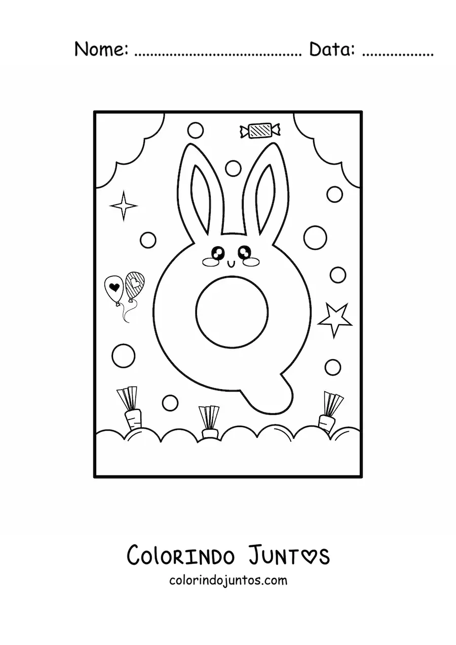 Desenho para colorir da letra Q em forma de coelho kawaii animado