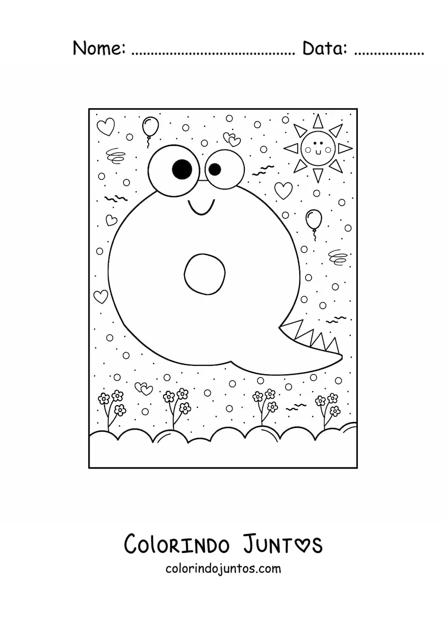 Desenho para colorir da letra Q animada em forma de monstro de desenho animado