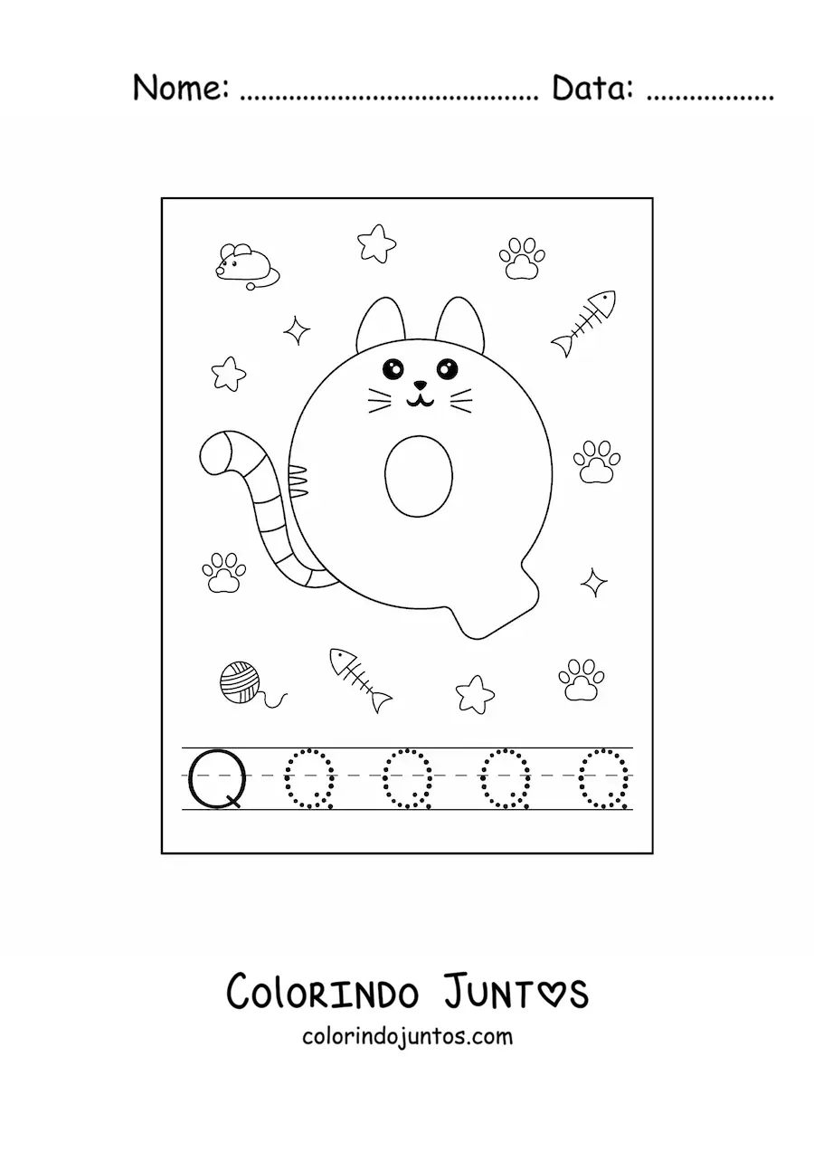 Desenho para colorir da letra Q animada em forma de gato
