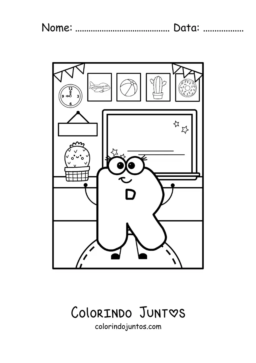 Desenho para colorir da letra R animada na escola