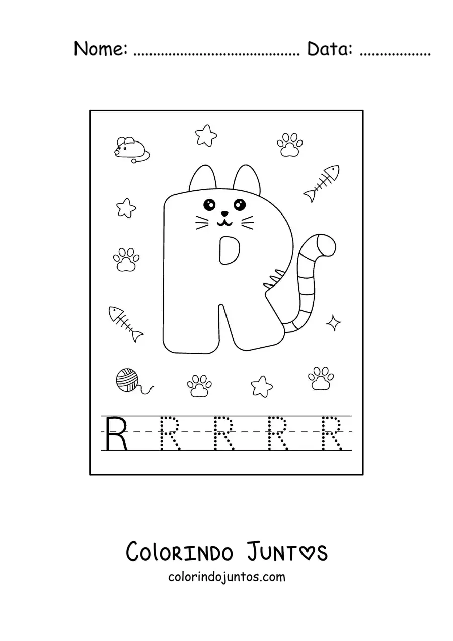 Desenho para colorir da letra R animada em forma de gato