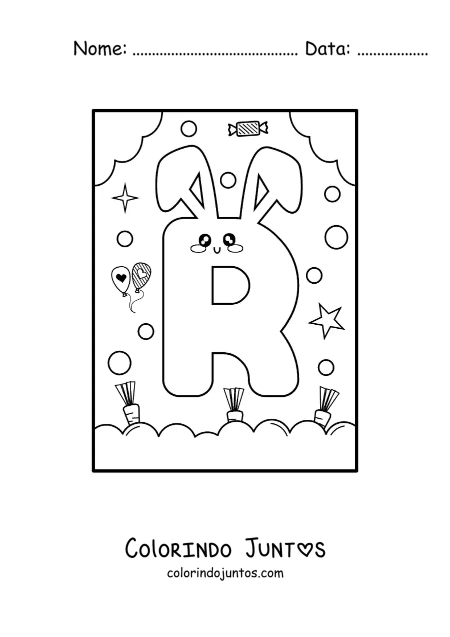 Desenho para colorir da letra R em forma de coelho kawaii animado