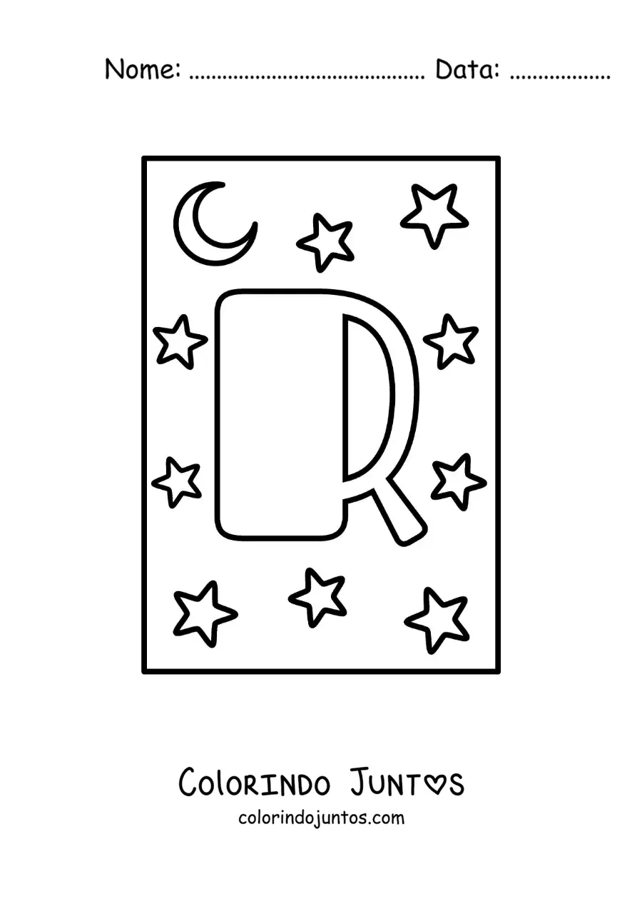 Desenho para colorir da letra R maiúscula com estrelas e uma lua