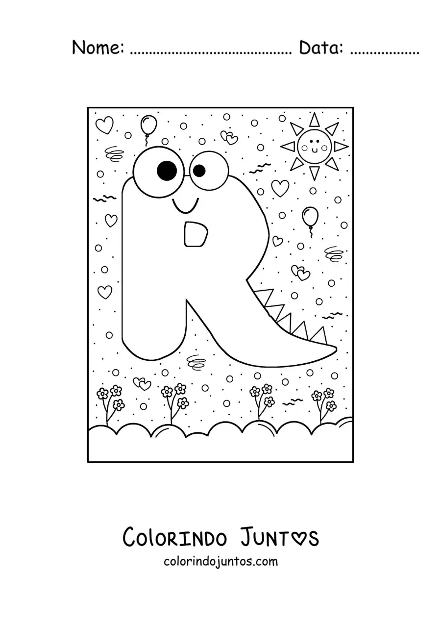 Desenho para colorir da letra R animada em forma de monstro de desenho animado