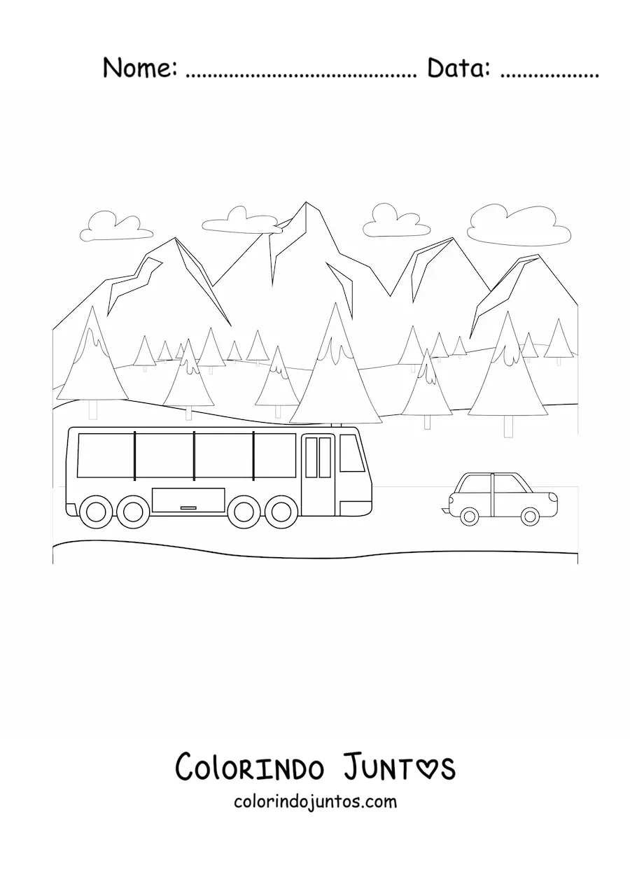 Desenho para colorir de um onibus de viagem circulando pela montanha
