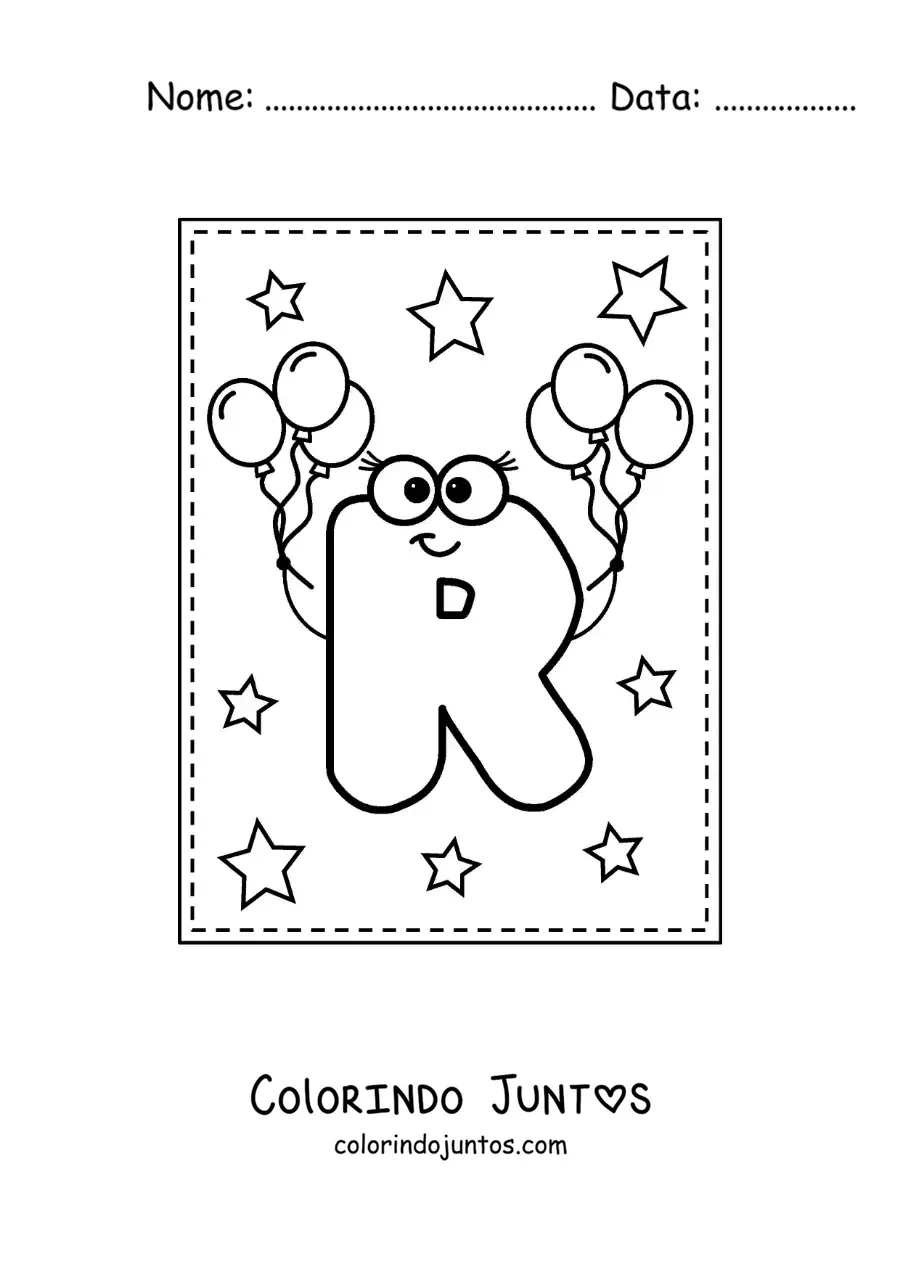 Desenho para colorir da letra R maiúscula animada com balões