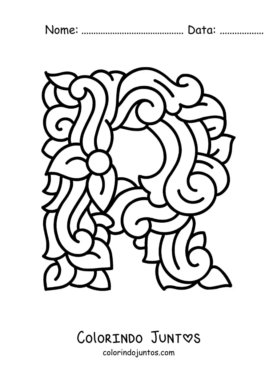 Desenho para colorir da letra R maiúscula decorada