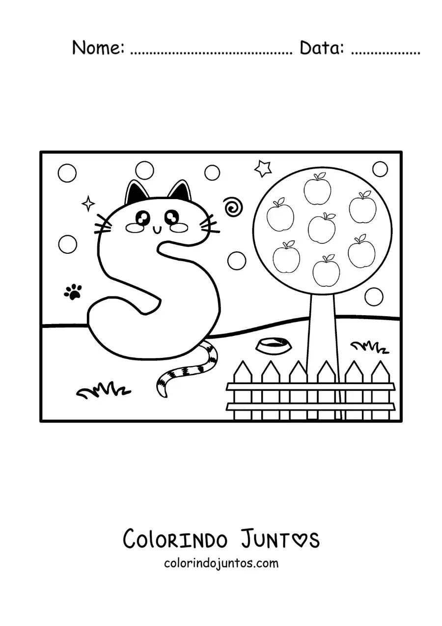 Desenho para colorir da letra S animada em forma de gato no parque