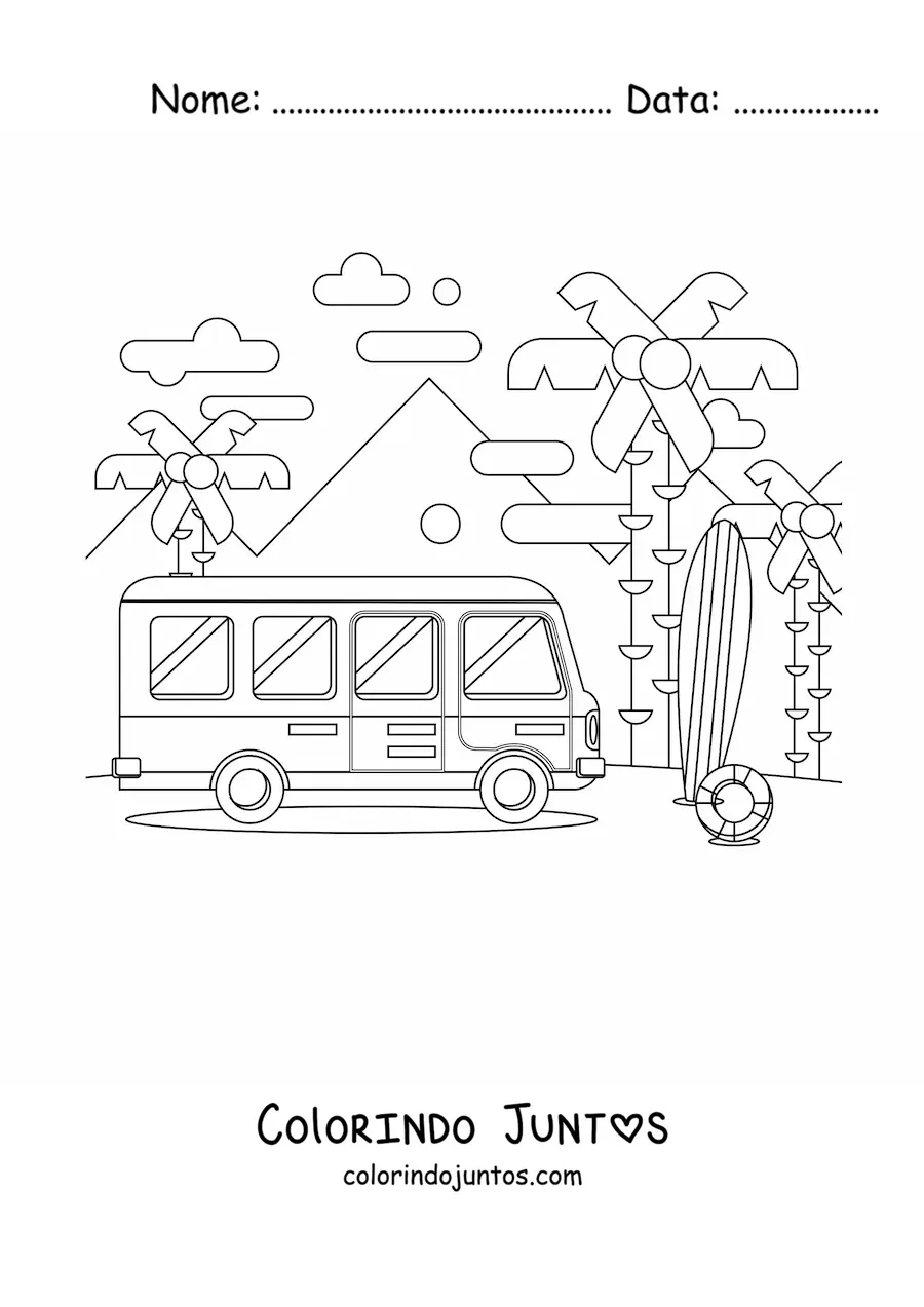 Desenho para colorir de um onibus de viagem na praia