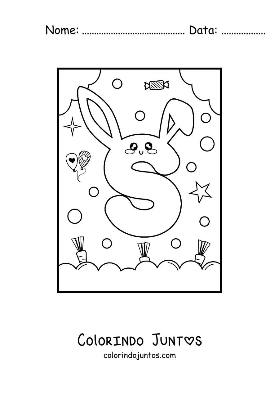 Desenho para colorir da letra S em forma de coelho kawaii animado