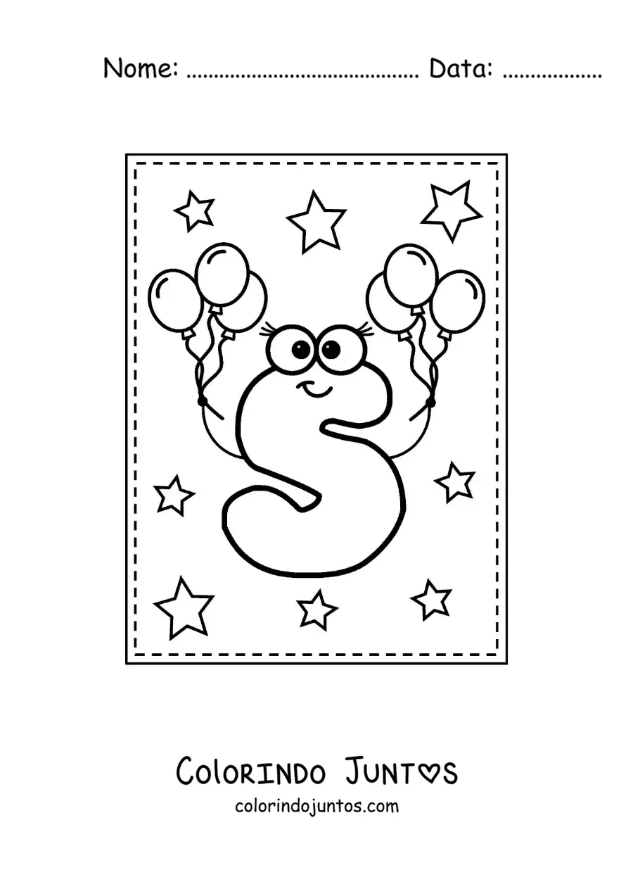 Desenho para colorir da letra S maiúscula animada com balões