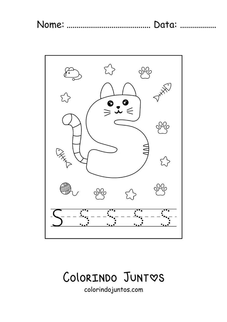 Desenho para colorir da letra S animada em forma de gato