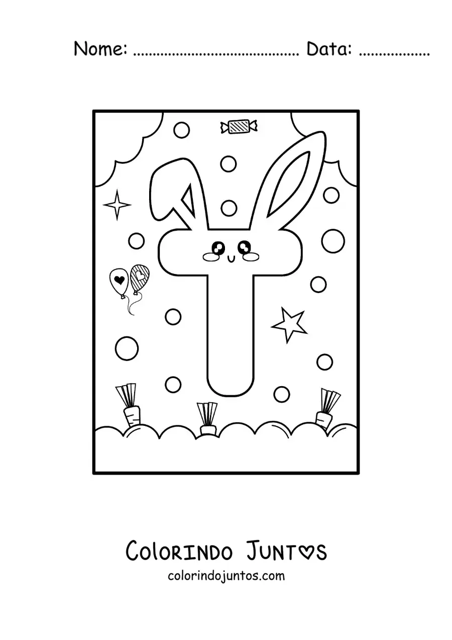 Desenho para colorir da letra T em forma de coelho kawaii animado