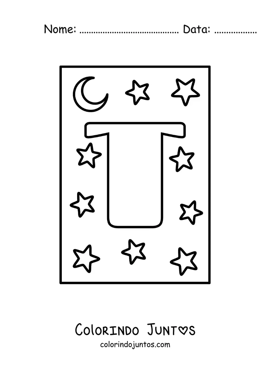 Desenho para colorir da letra T maiúscula com estrelas e uma lua