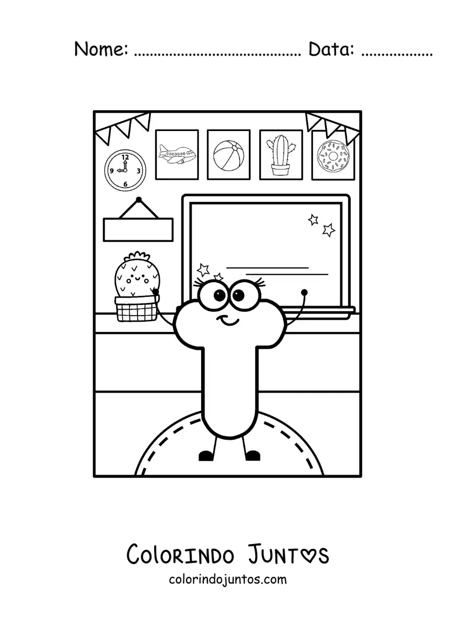 Desenho para colorir da letra T animada na escola