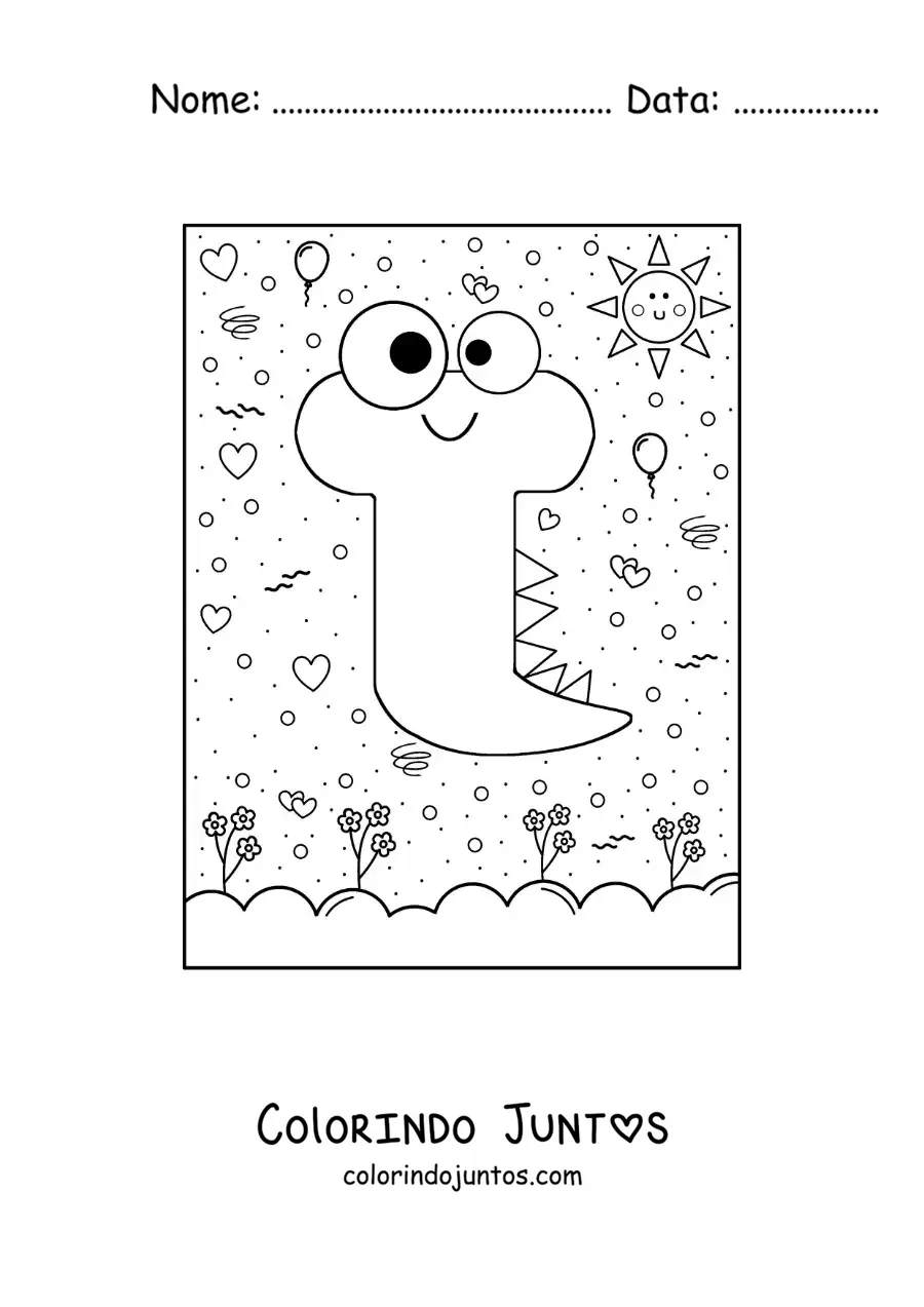 Desenho para colorir da letra T animada em forma de monstro de desenho animado