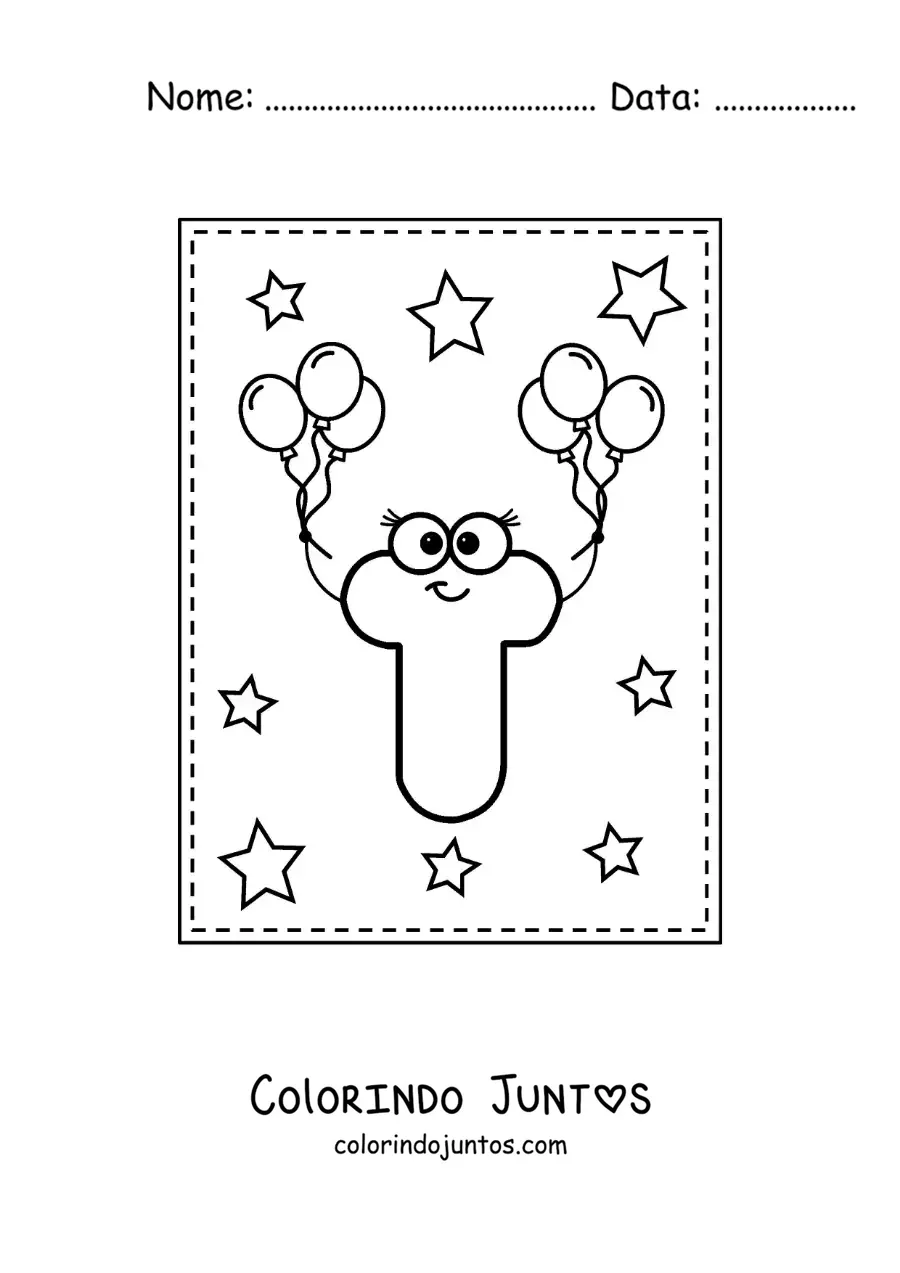 Desenho para colorir da letra T maiúscula animada com balões
