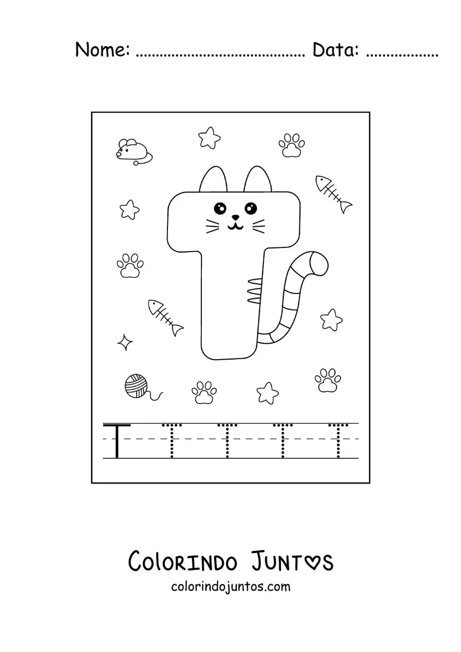 Desenho para colorir da letra T animada em forma de gato