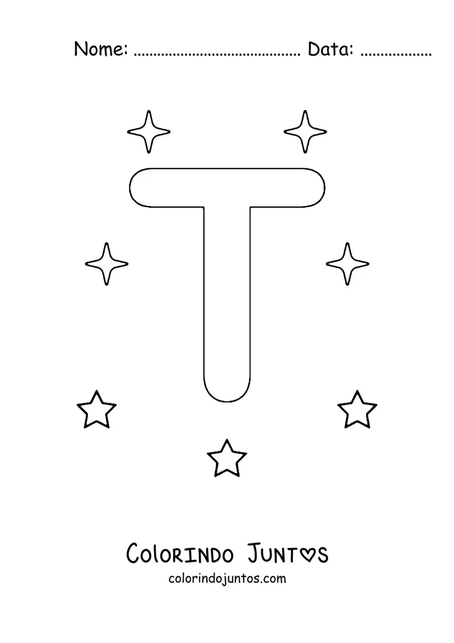 Desenho para colorir da letra T maiúscula com estrelas