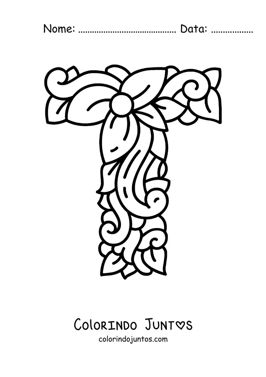 Desenho para colorir da letra T maiúscula decorada