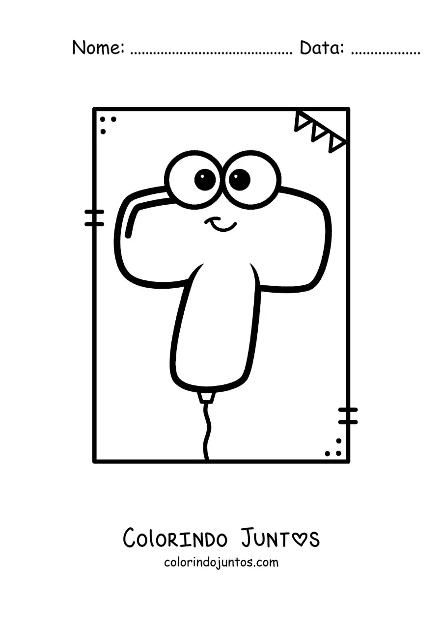 Desenho para colorir da letra T animada em forma de balão