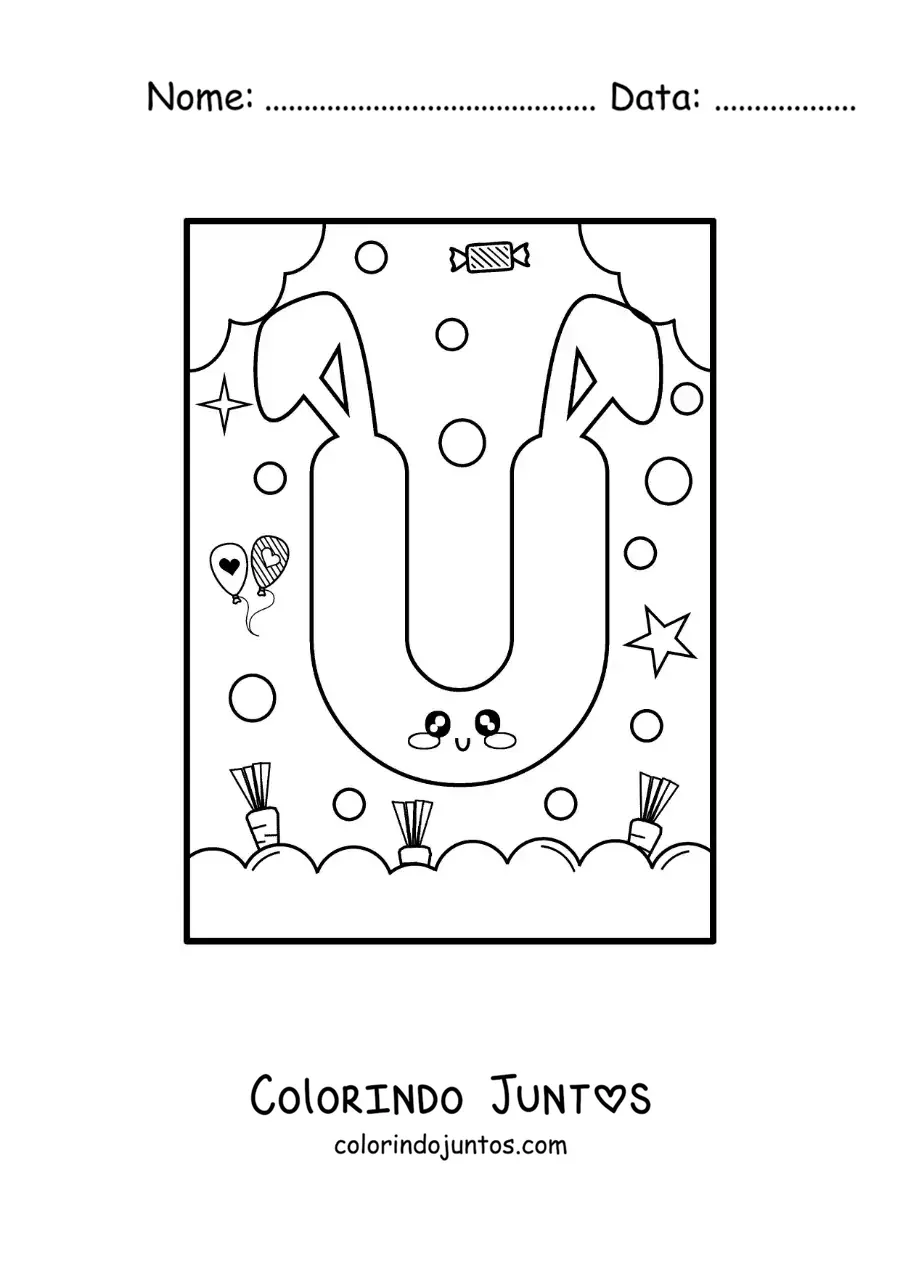 Desenho para colorir da letra U em forma de coelho kawaii animado