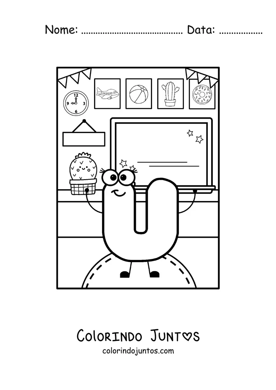 Desenho para colorir da letra U animada na escola
