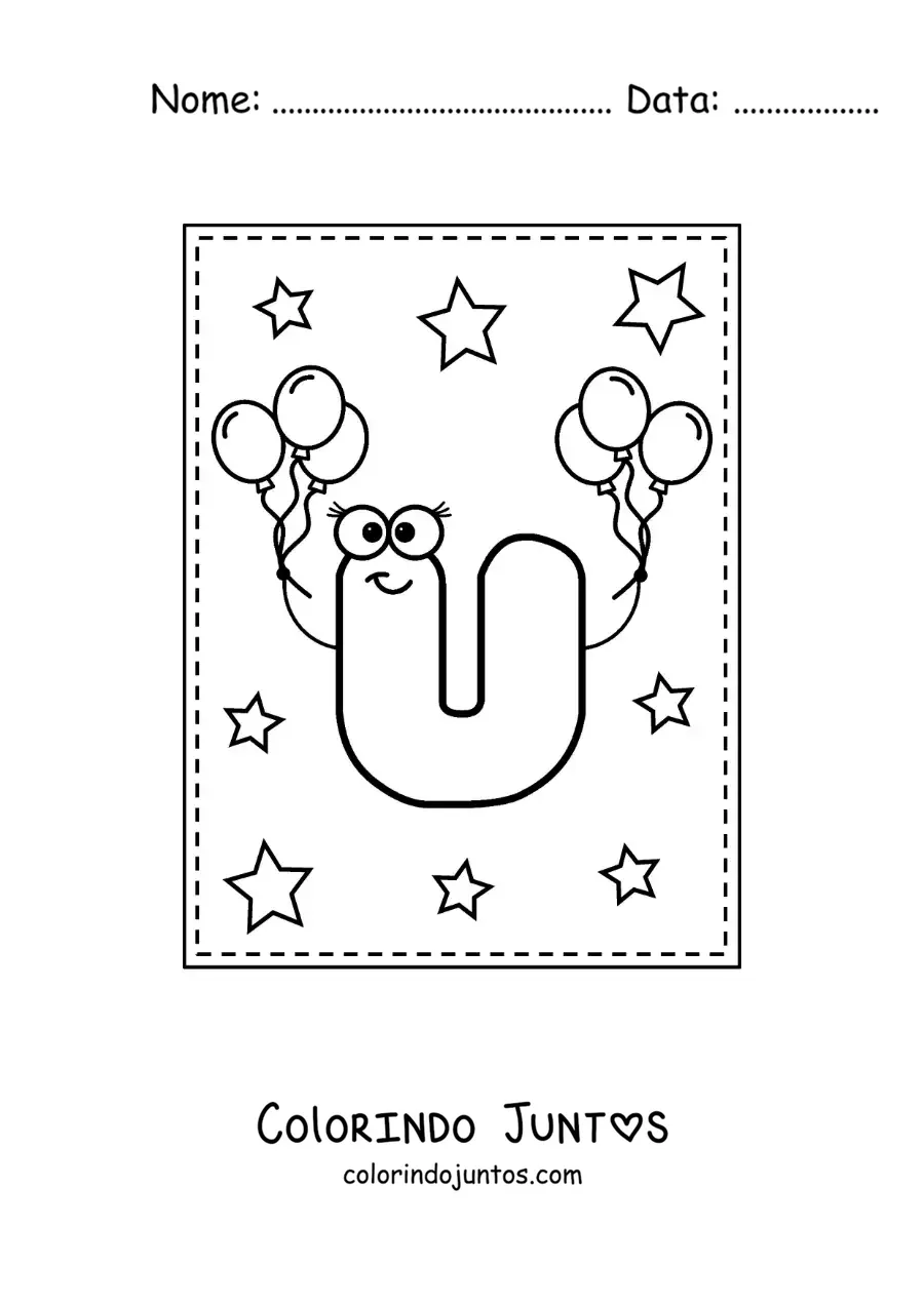 Desenho para colorir da letra U maiúscula animada com balões