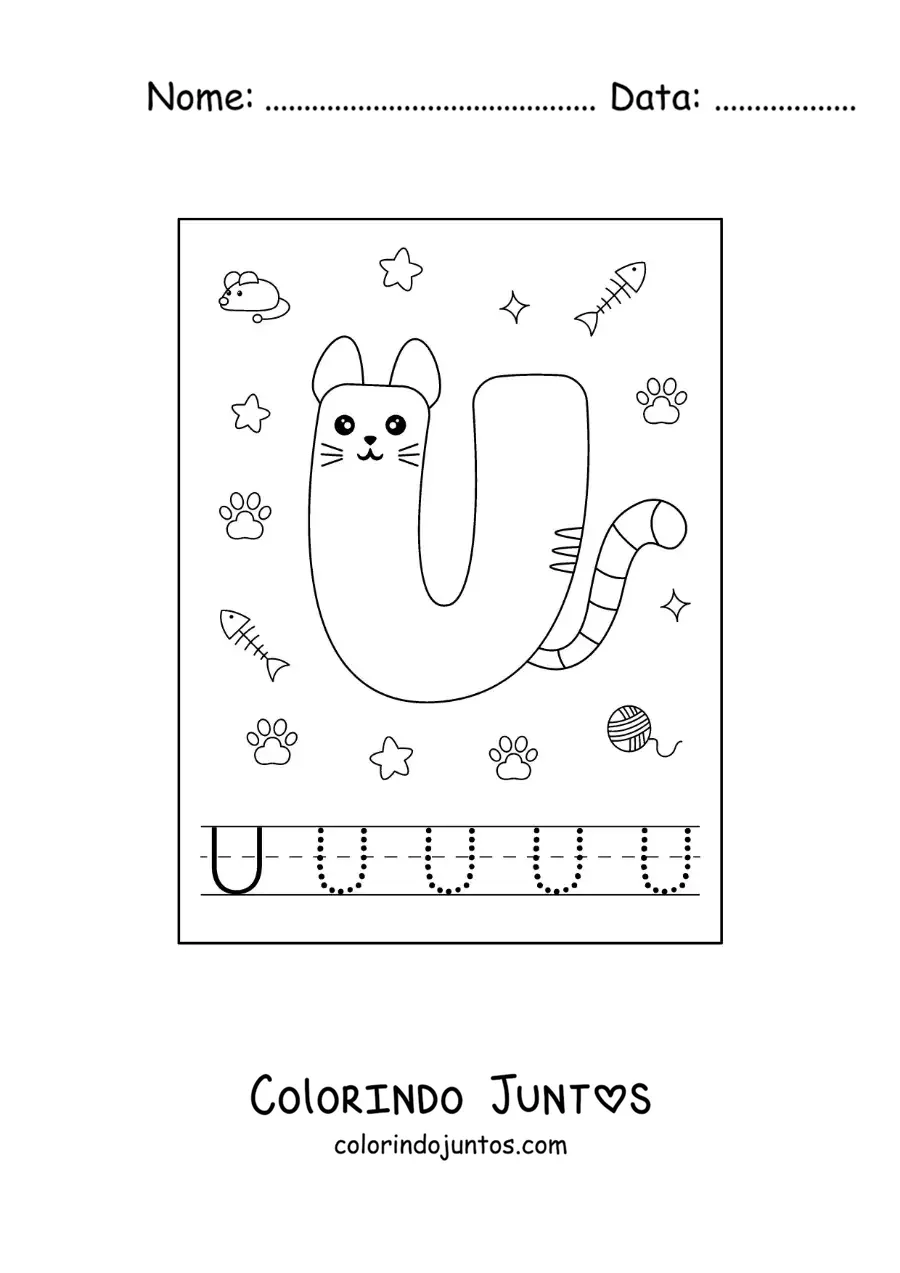 Desenho para colorir da letra U animada em forma de gato