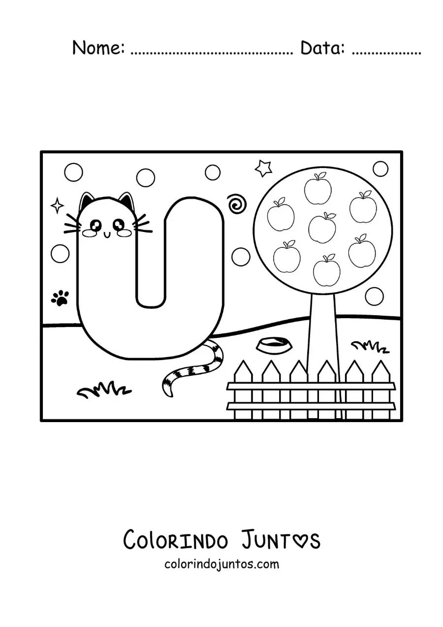 Desenho para colorir da letra U animada em forma de gato no parque