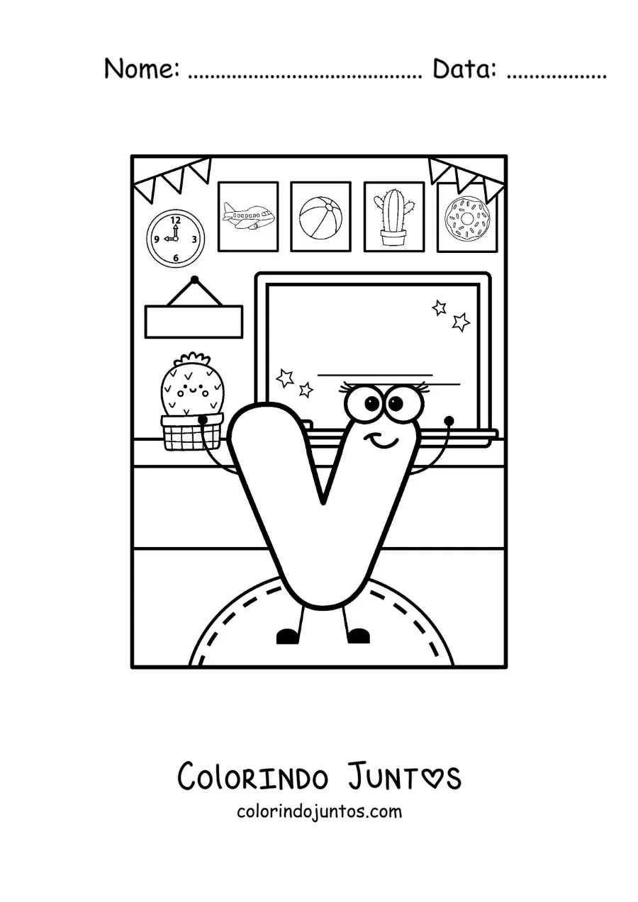 Desenho para colorir da letra V animada na escola