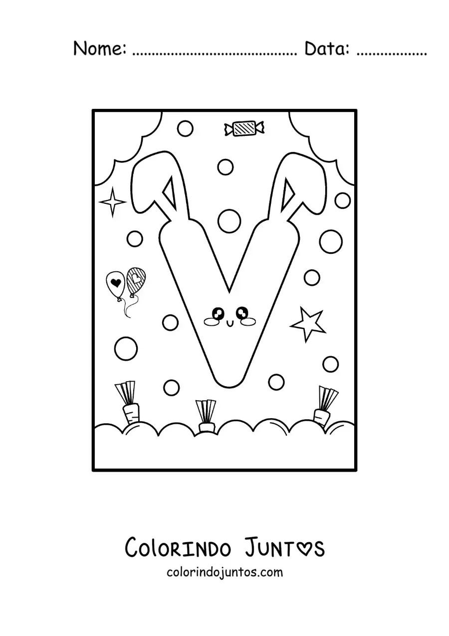 Desenho para colorir da letra V em forma de coelho kawaii animado