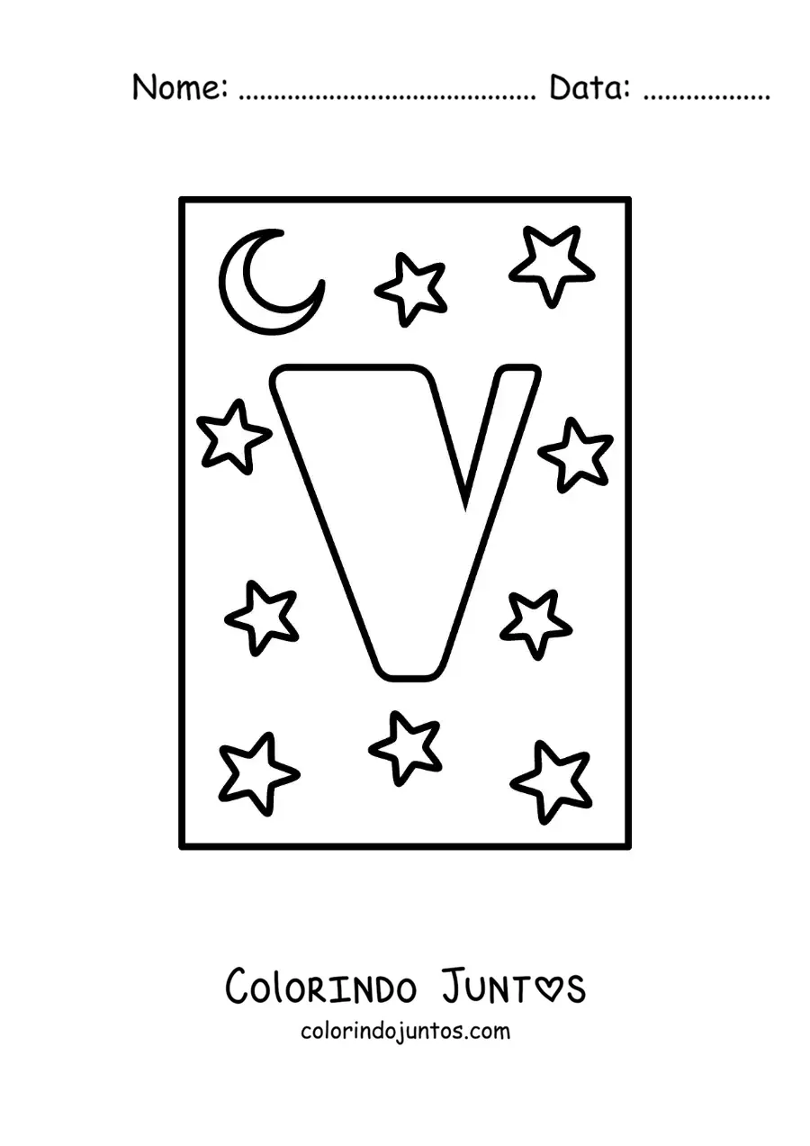 Desenho para colorir da letra V maiúscula com estrelas e uma lua