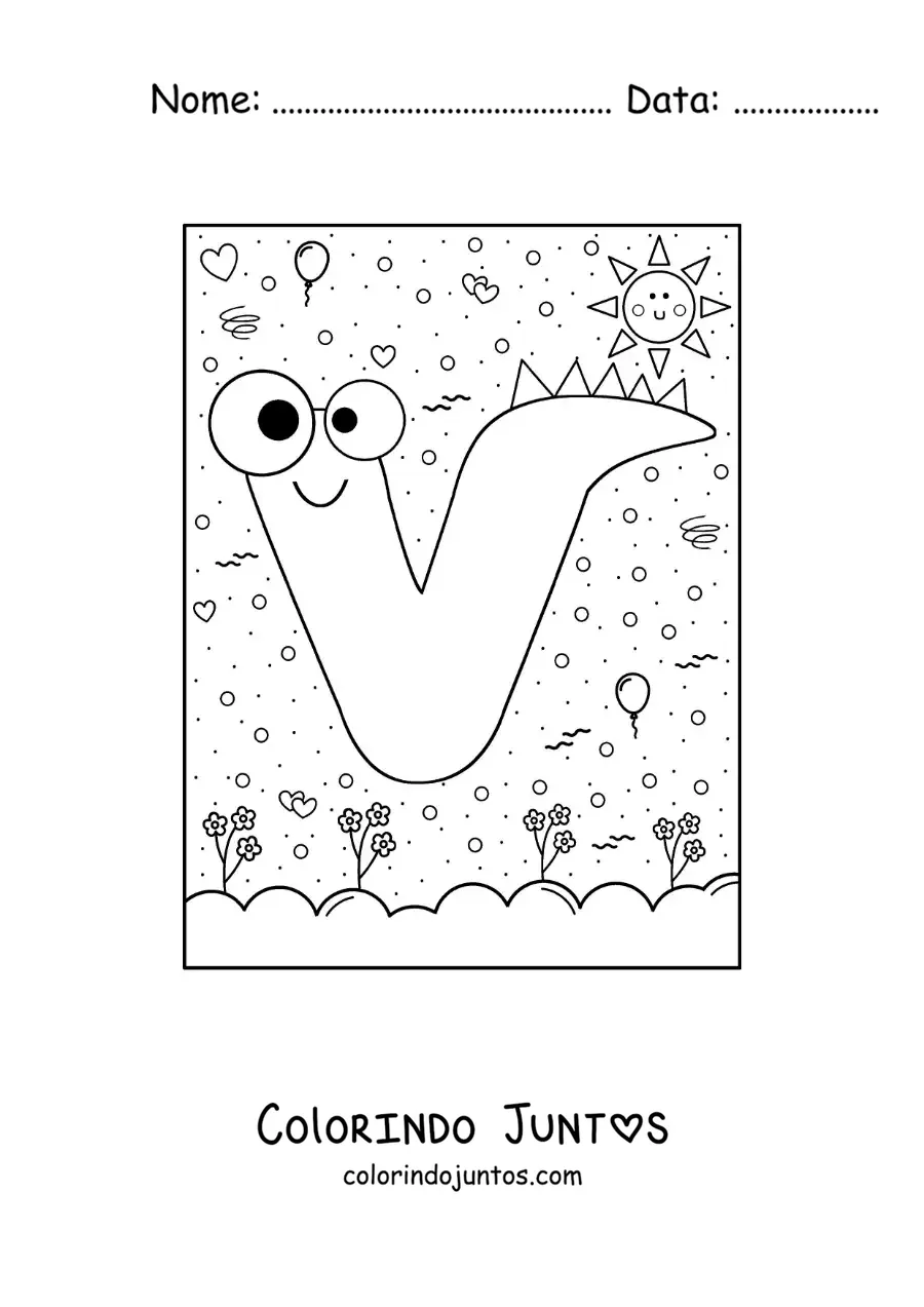 Desenho para colorir da letra V animada em forma de monstro de desenho animado