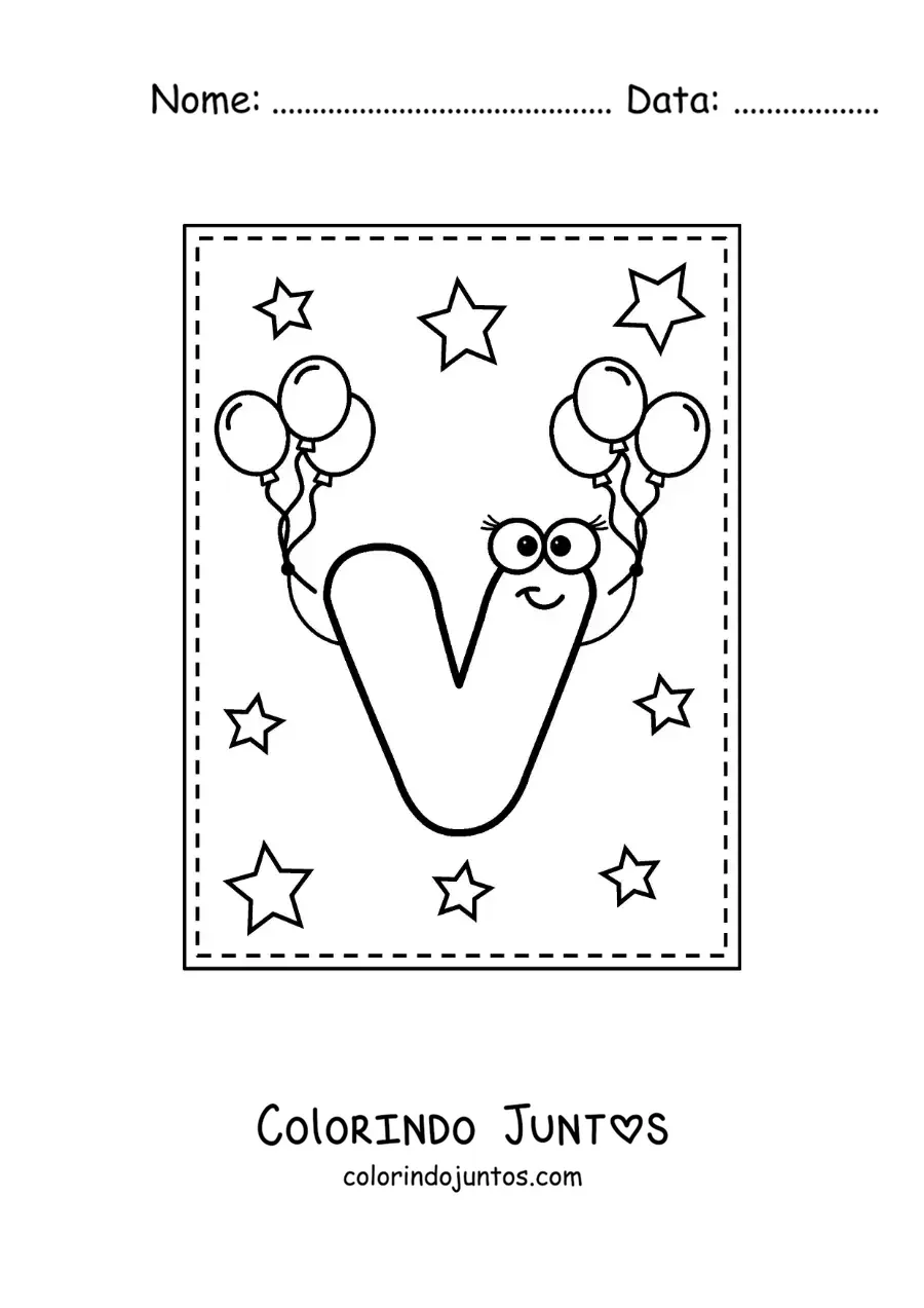 Desenho para colorir da letra V maiúscula animada com balões