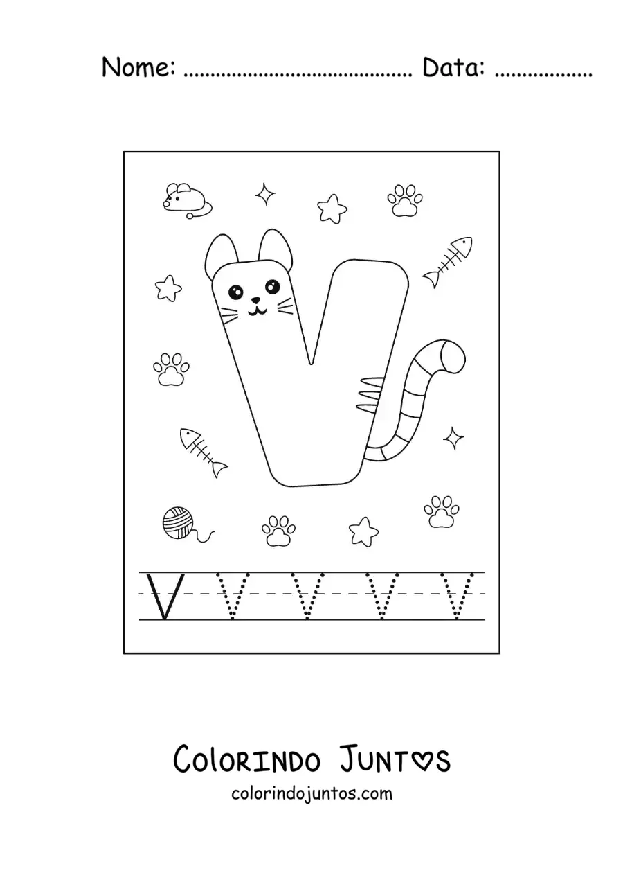 Desenho para colorir da letra V animada em forma de gato