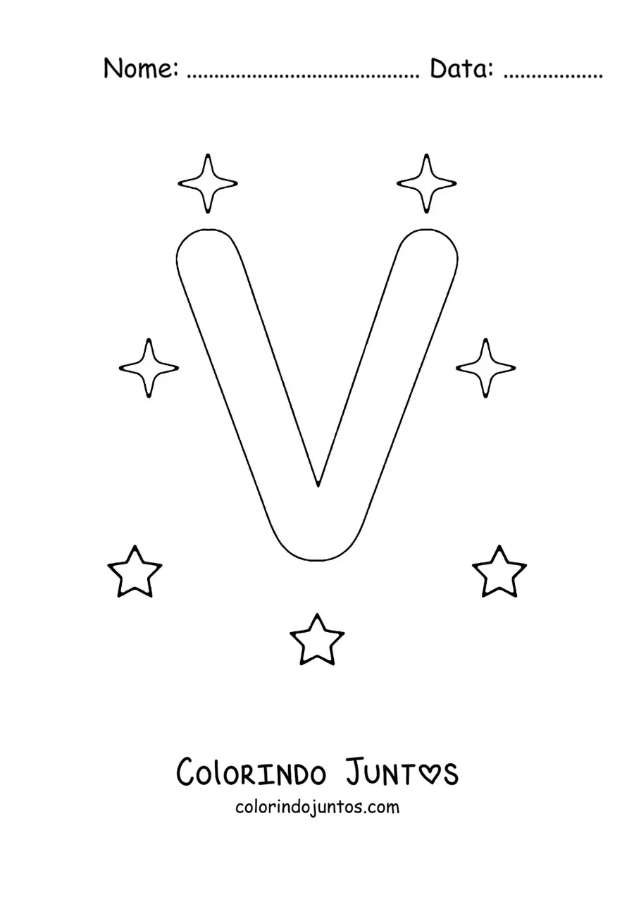 Desenho para colorir da letra V maiúscula com estrelas