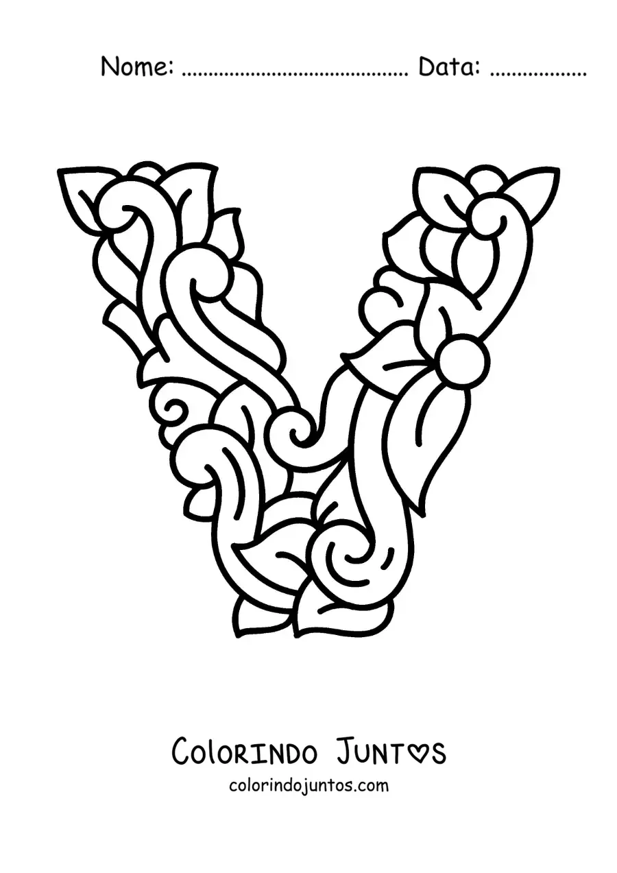 Desenho para colorir da letra V maiúscula decorada
