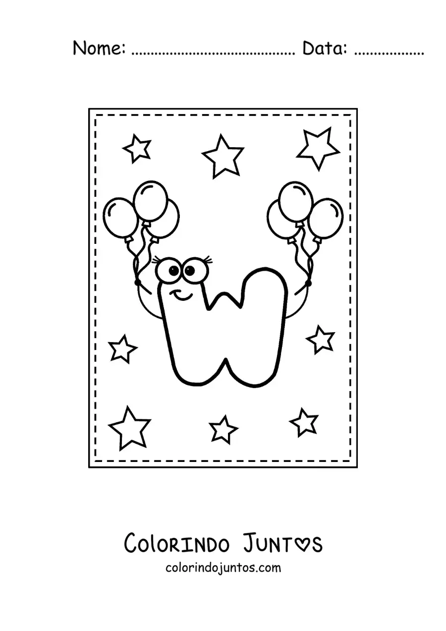 Desenho para colorir da letra W maiúscula animada com balões
