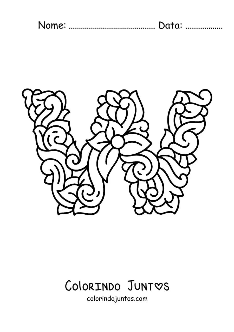 Desenho para colorir da letra W maiúscula decorada