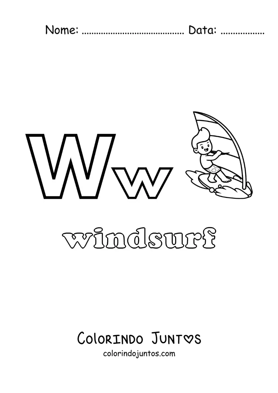Desenho para colorir de W de windsurfe