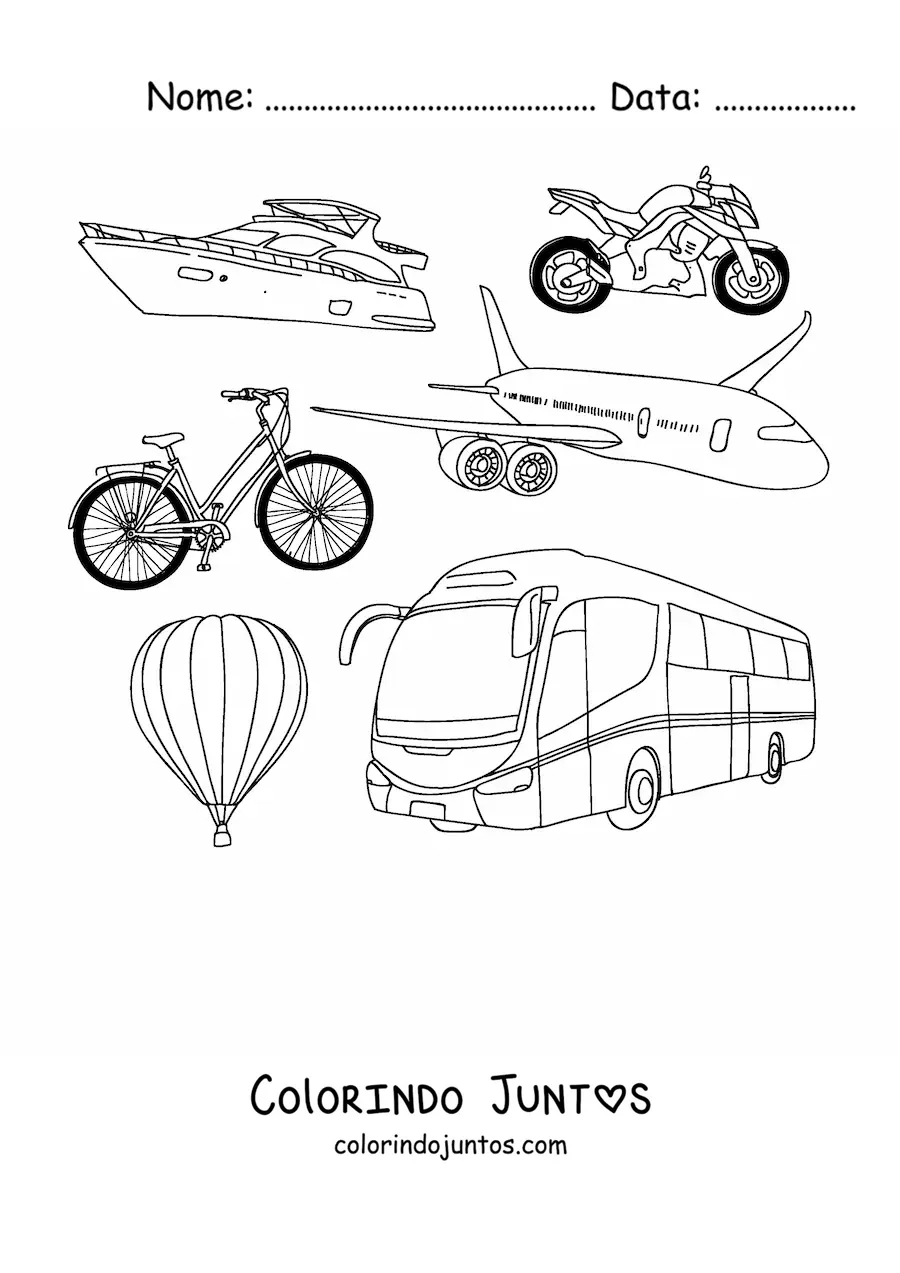 Desenho para colorir de varios meios de transporte
