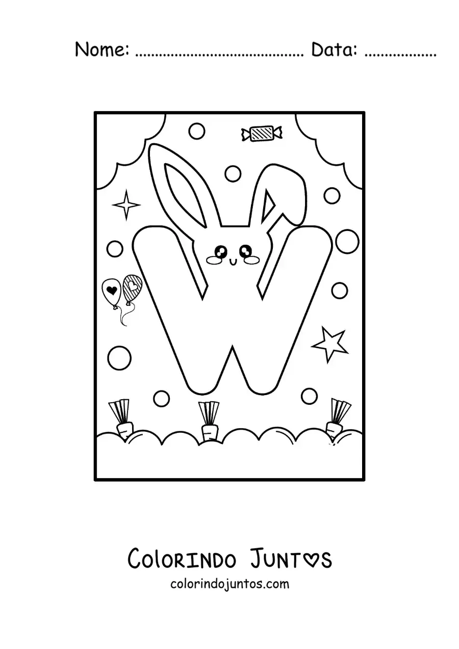 Desenho para colorir da letra W em forma de coelho kawaii animado