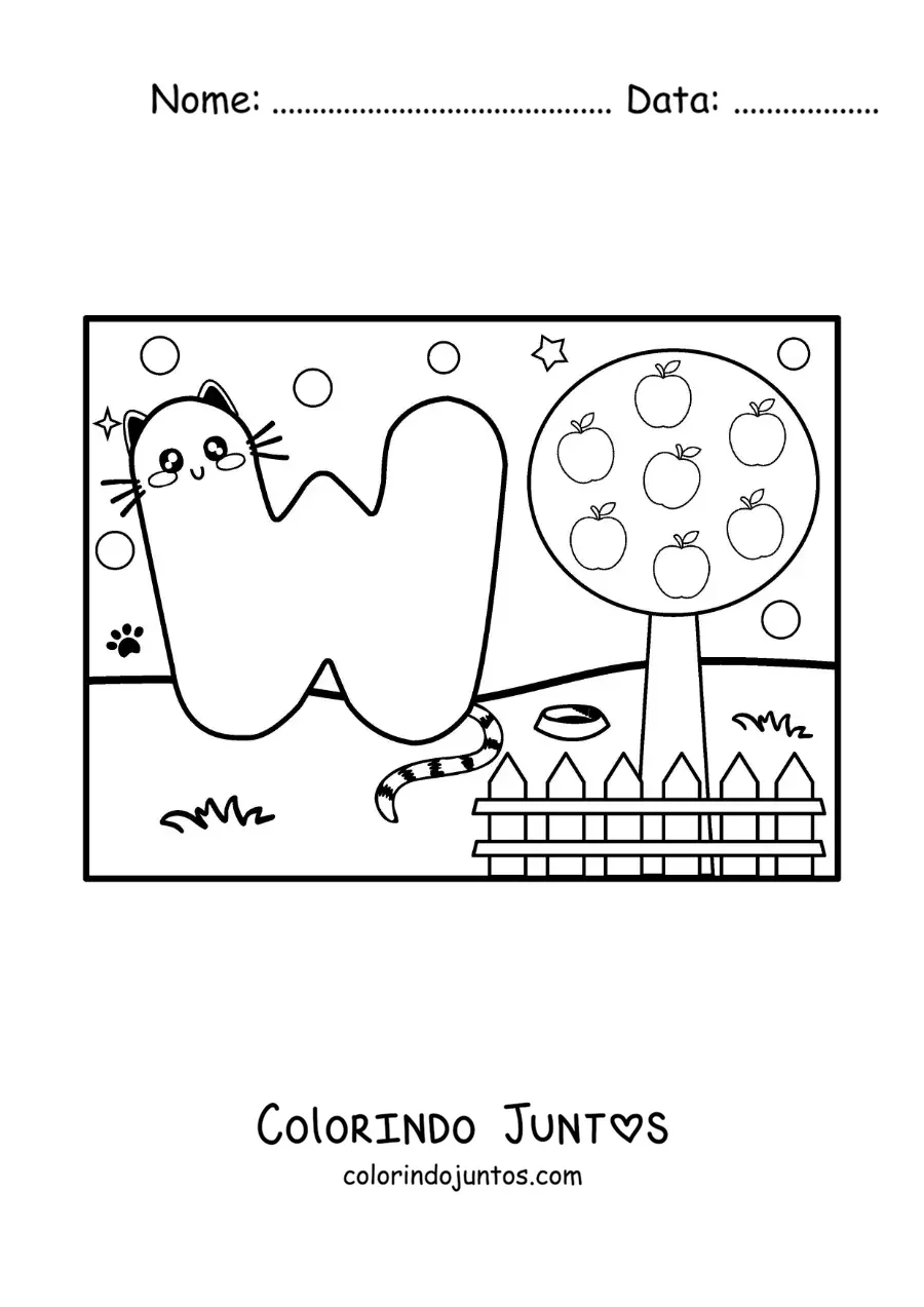 Desenho para colorir da letra W animada em forma de gato no parque