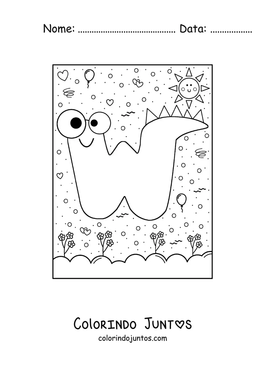 Desenho para colorir da letra W animada em forma de monstro de desenho animado