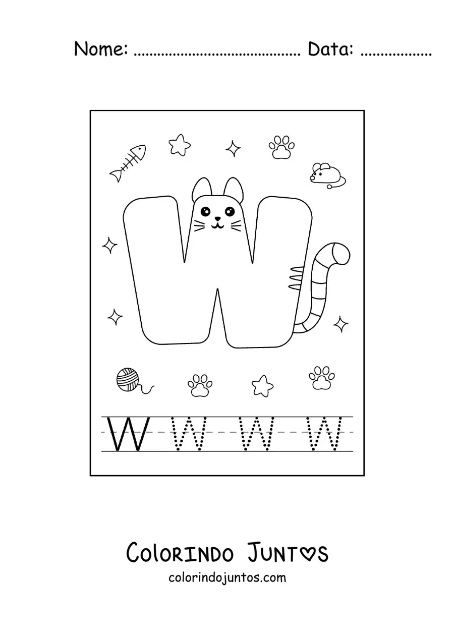 Desenho para colorir da letra W animada em forma de gato