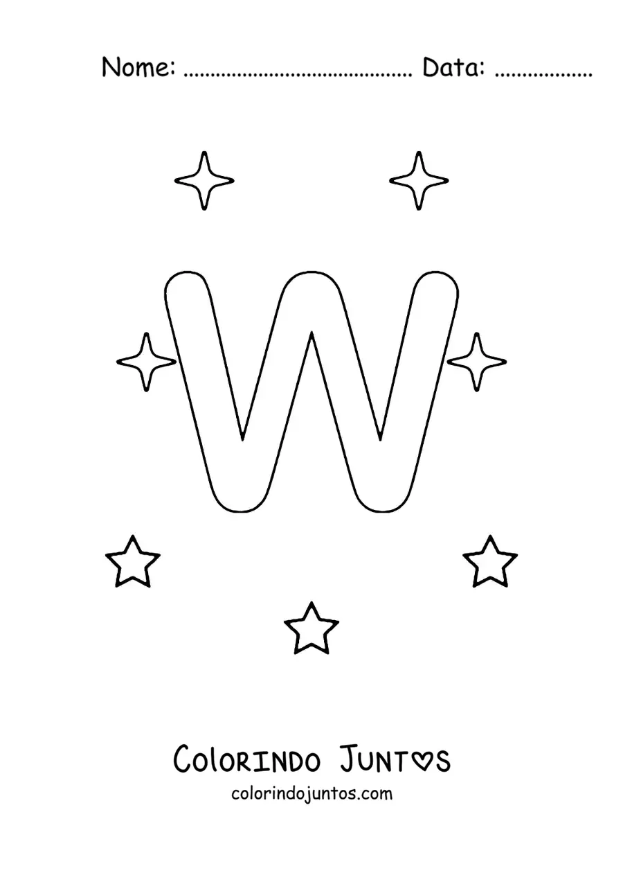 Desenho para colorir da letra W maiúscula com estrelas