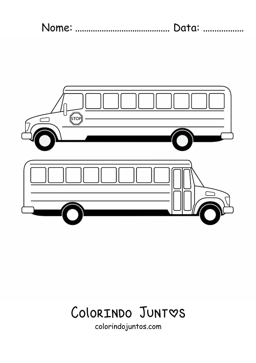 Desenho para colorir de um onibus escolar visto de dois angulos